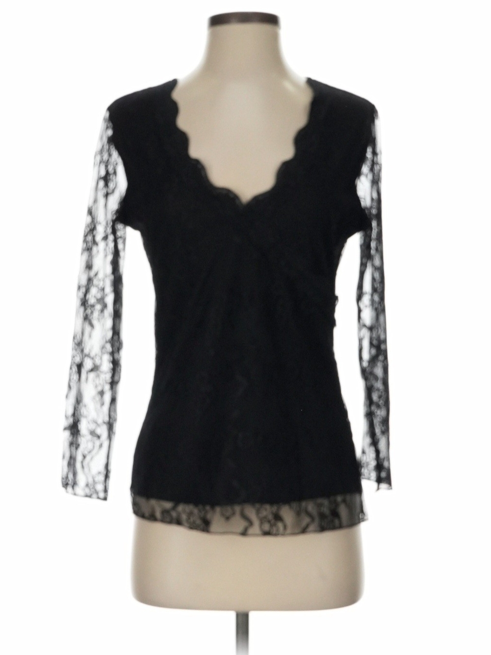 Apostrophe Black Lace Scalloped V-Neck Blouse